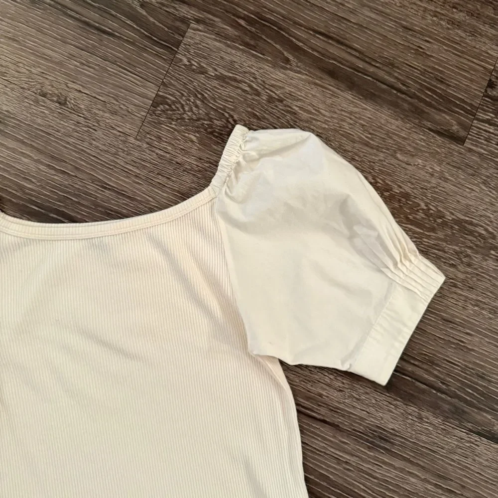 J. Crew Vintage rib top with cotton poplin puff sleeves